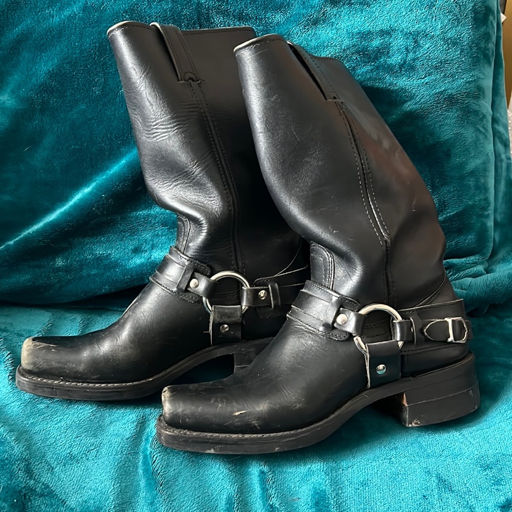 Frye Harness Buckle Boots.